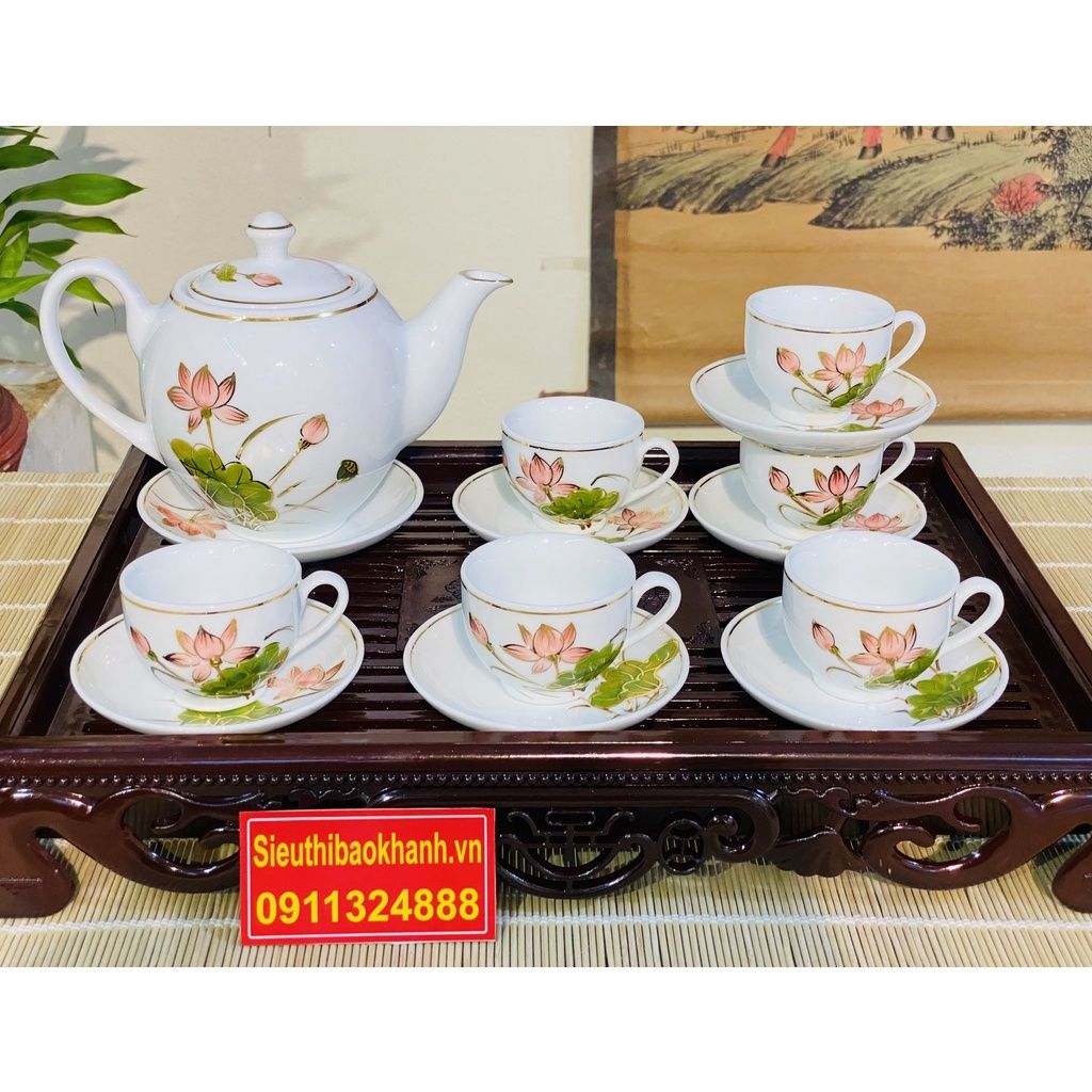 Bộ ấm chén men trắng vẽ sen xuất xưa Bát Tràng