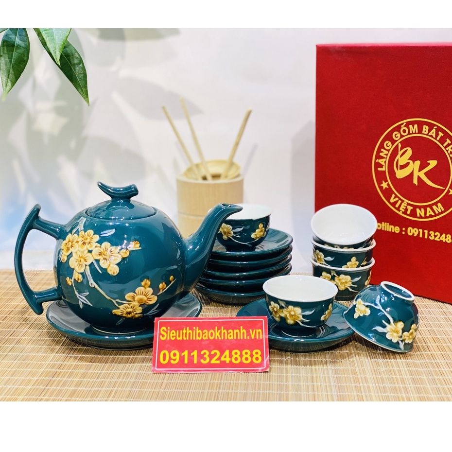 Bộ ấm trà(bộ tách trà) màu xanh Bát Tràng-Bảo Khánh Việt Nam 350ml