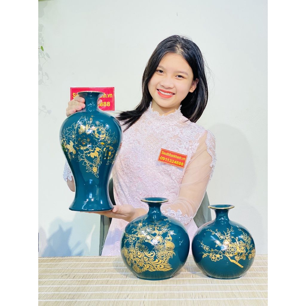 Set bình hút lộc Bát Tràng họa tiết công đào