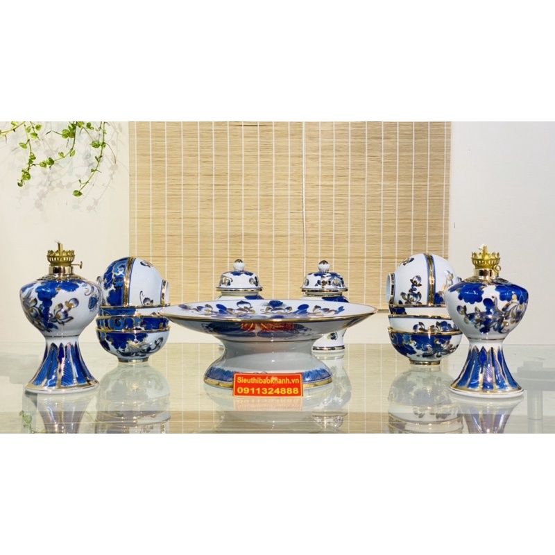 Set đồ thờ Bát Tràng men lam vẽ vàng