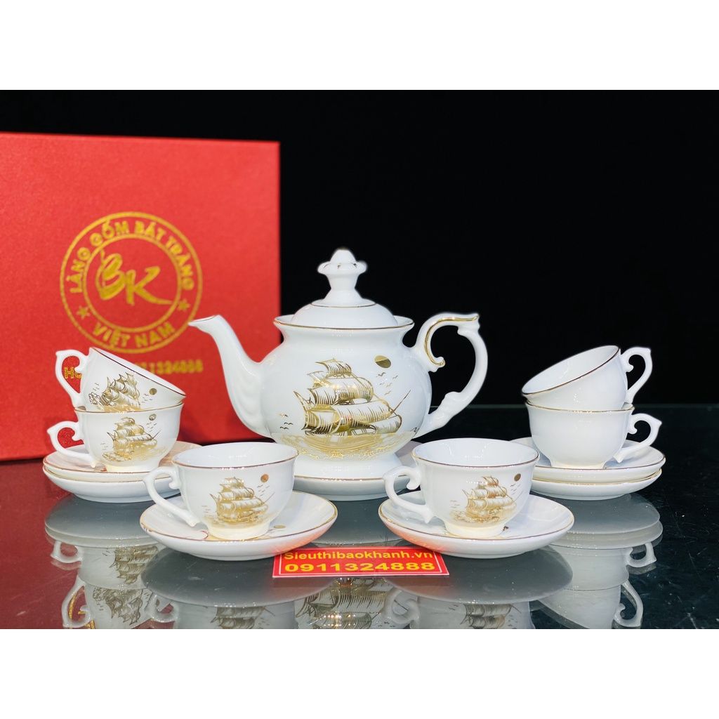 Bộ ấm chén,ấm trà Bát Tràng họa tiết Thuận Buồm Xuôi Gió 350ml