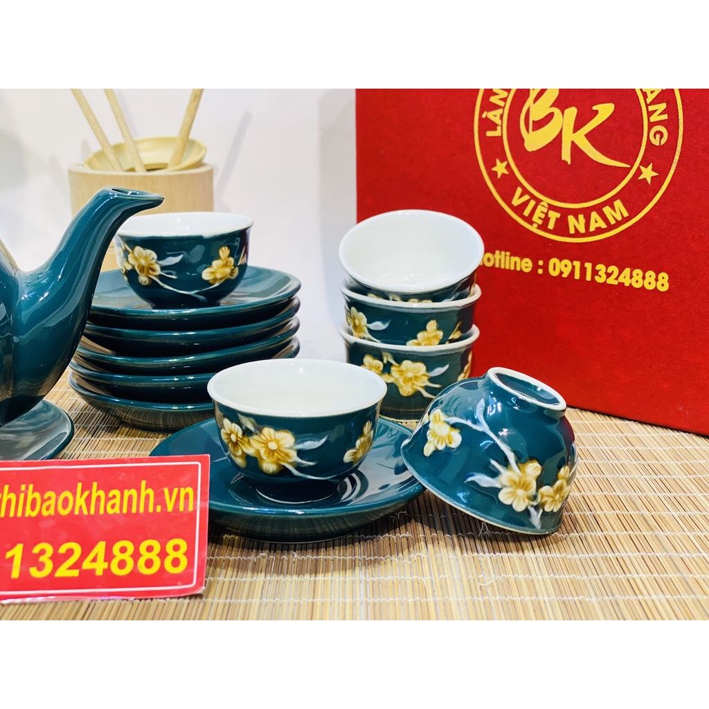 Bộ ấm trà(bộ tách trà) màu xanh Bát Tràng-Bảo Khánh Việt Nam 350ml