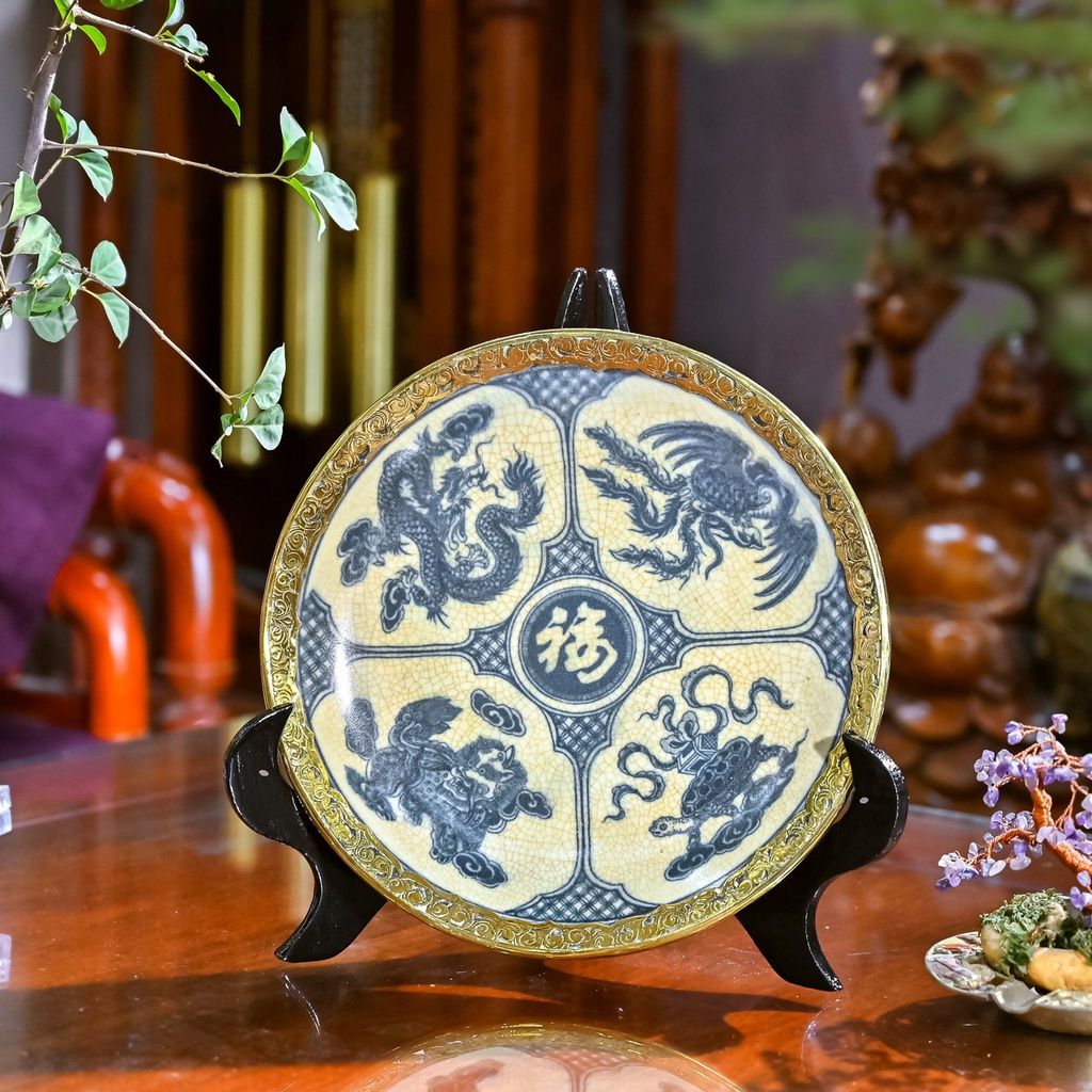 Đĩa cảnh men rạn họa tiết tứ thú -ĐK 30 cm