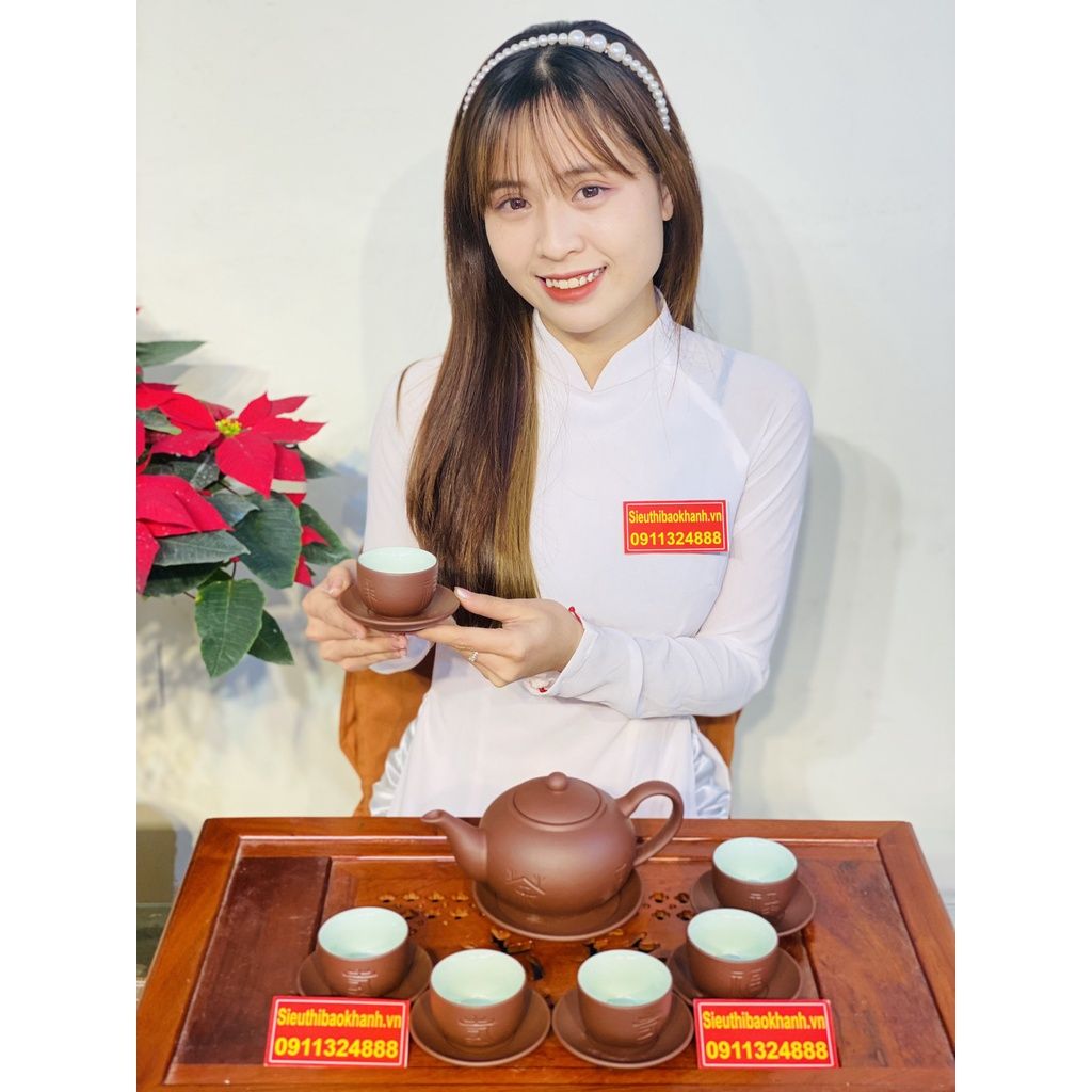 Bộ ấm chén tử sa lòng xanh họa tiết trơn xuất xứ Bát Tràng-Bảo Khánh Việt Nam 250ml