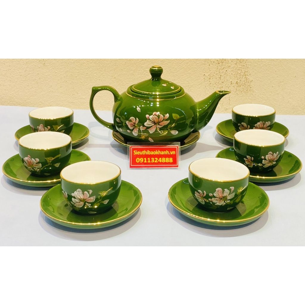 Bộ ấm chén gốm sứ bát tràng viền vàng