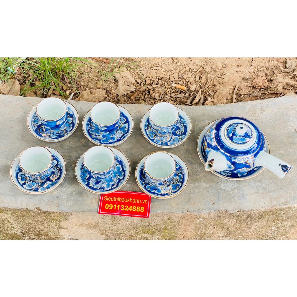 Bộ ấm chén Bát Tràng men lam, hoạ tiết Long Ẩn Nội Cung BKCE-002430VN-0002