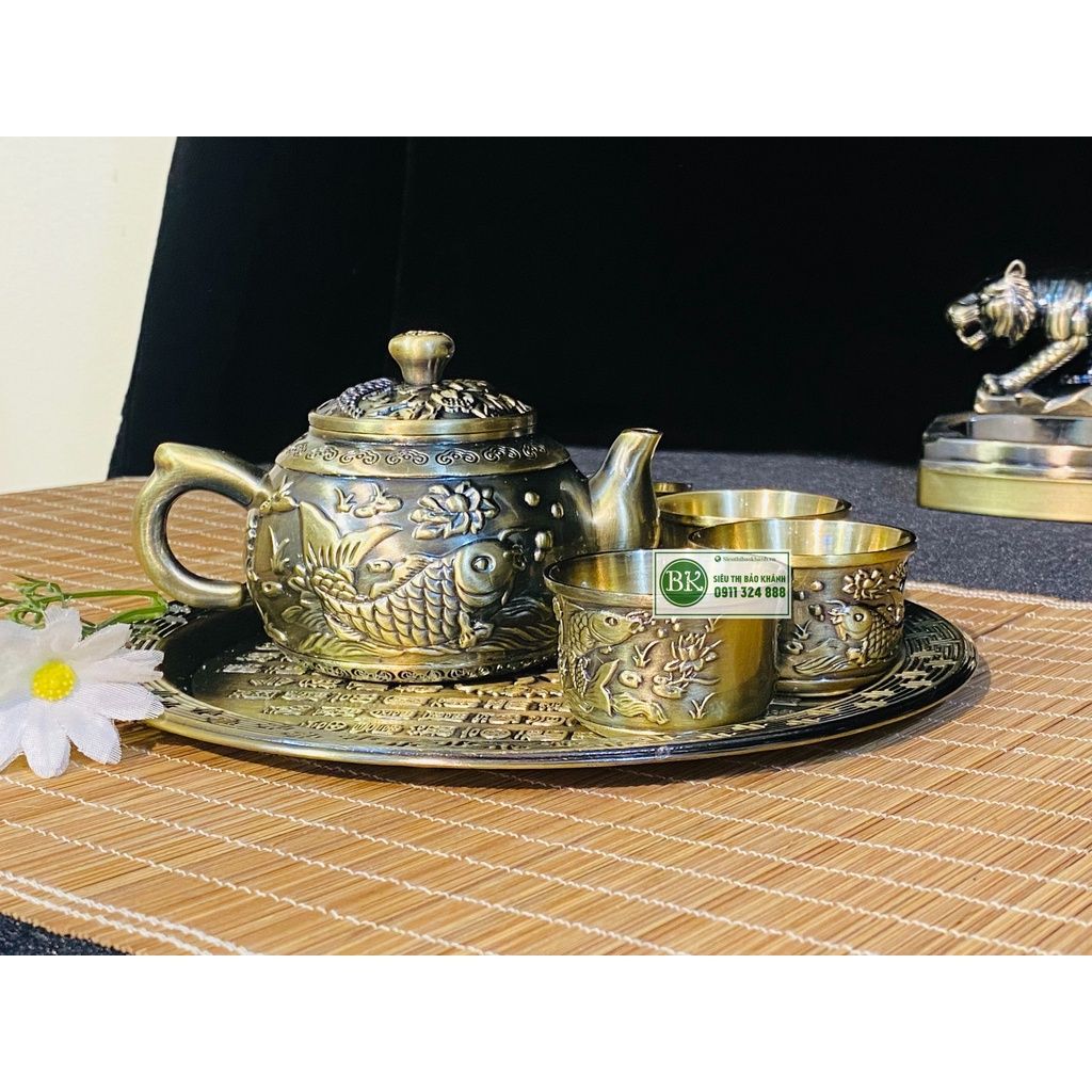 Bộ ấm chén đồng họa tiết Lí Ngư dáng cổ 250 ml