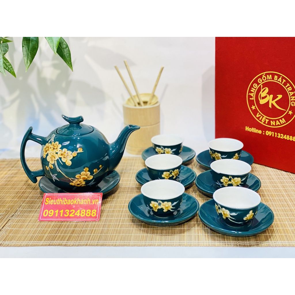 Bộ ấm trà(bộ tách trà) màu xanh Bát Tràng-Bảo Khánh Việt Nam 350ml