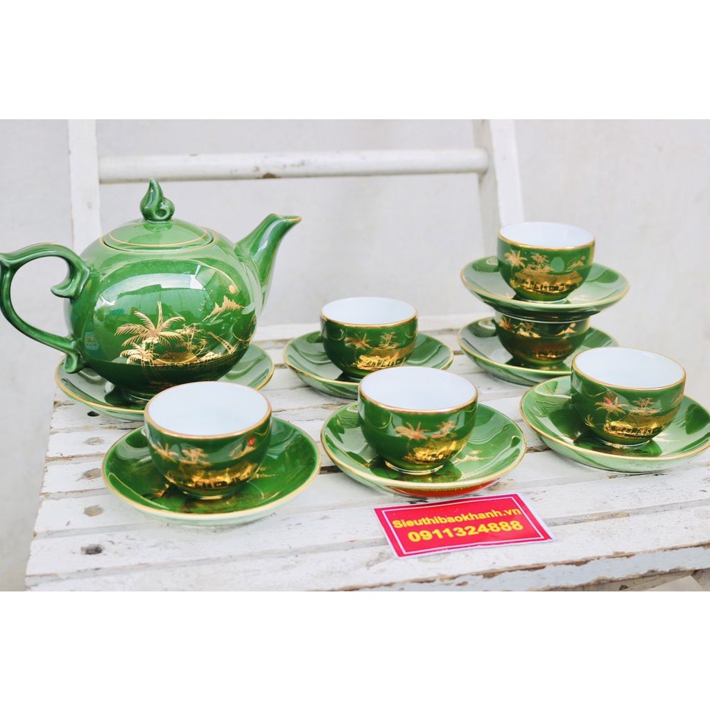 Bộ ấm men xanh vẽ vàng quà tặng xuất xứ Bát Tràng