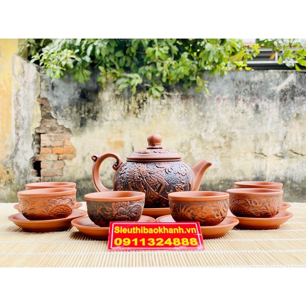 Ấm trà⚡️BÁT TRÀNG⚡️Bộ ấm chén tử sa đắp nổi 350ml-Bát Tràng Bảo Khánh