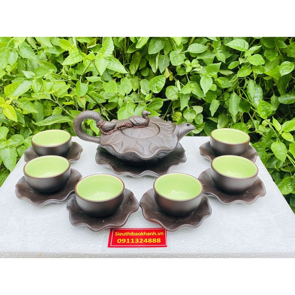 Ấm chén Bảo Khánh-Tinh hoa Bát Tràng bộ ấm chén tử sa tạo hình họa tiết lá sen