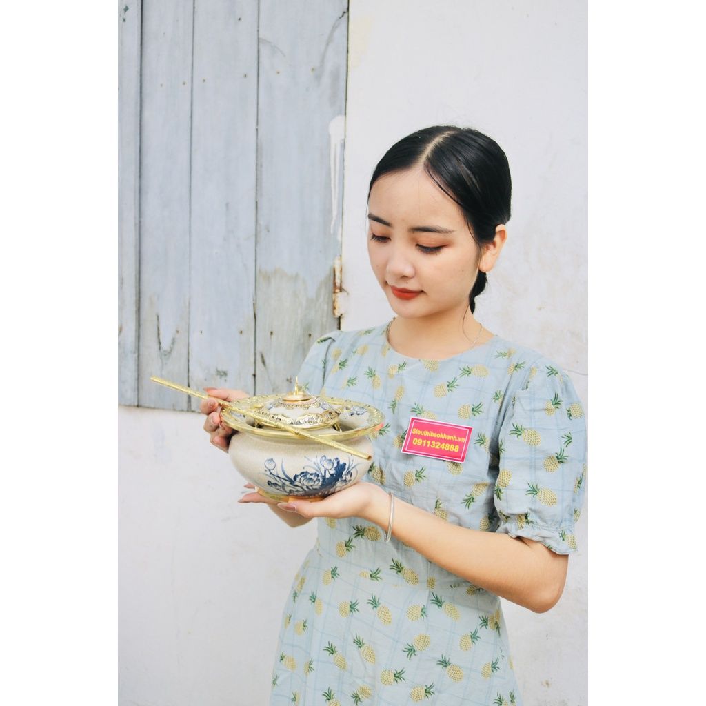 Bộ điếu bát men rạn Bát Tràng vẽ Hoa Sen cao cấp BKCE-001360VN-1415