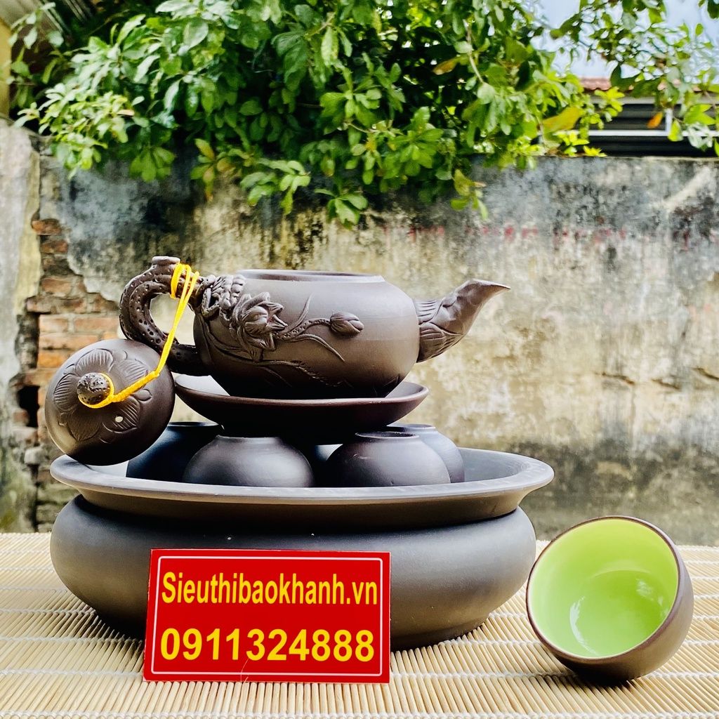 Ấm trà⚡️BÁT TRÀNG⚡️Bộ ấm chén tử sa đắp nổi họa tiết sen 350ml-Bát Tràng Bảo Khánh