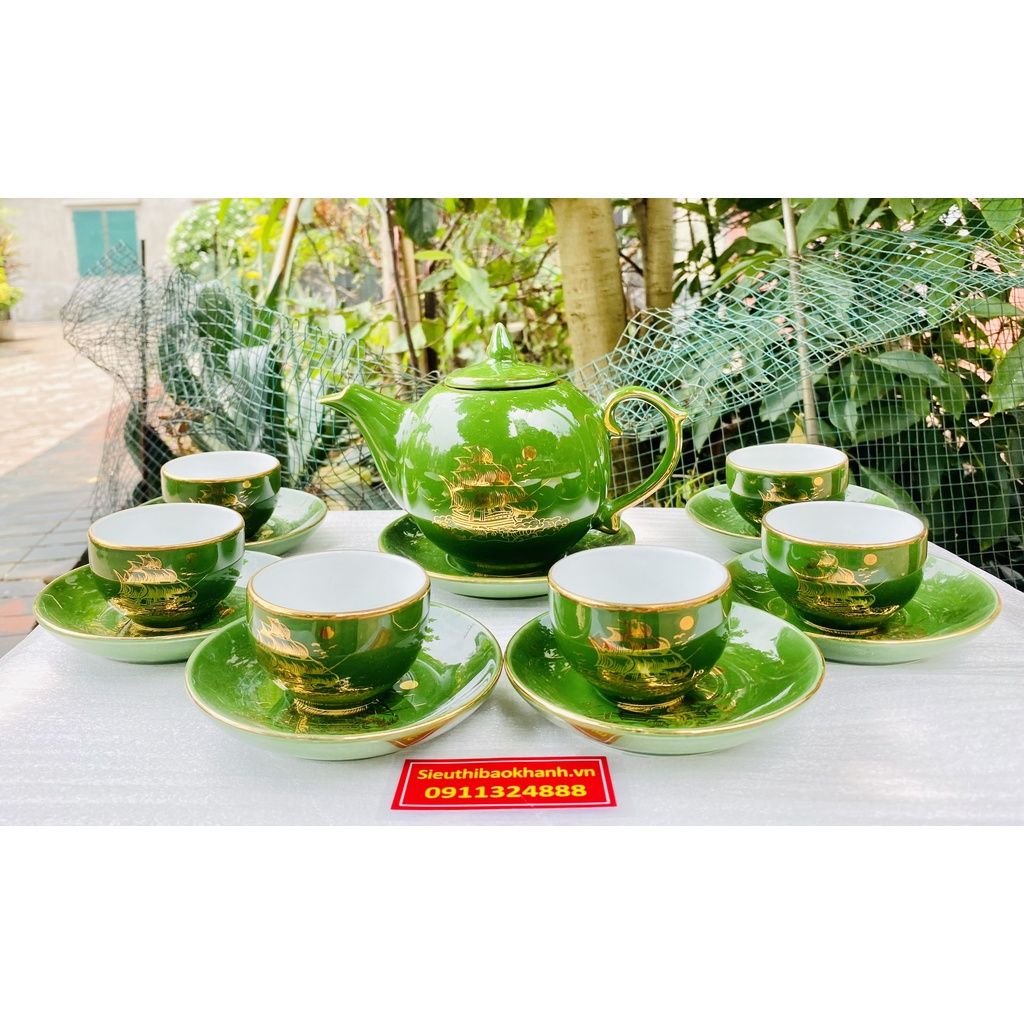 Bộ ấm chén màu xanh men ngọc họa tiết thuận buồm xuôi gió vẽ vàng BKCEVN-8030