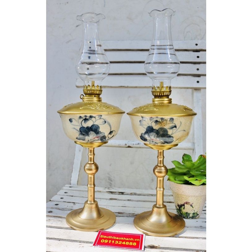 cặp đèn đầu đồng thân gốm xuất xứ Bát Tràng 25cm