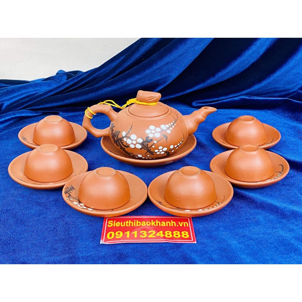 Bộ ấm trà Tử sa lòng xanh Bát Tràng họa tiết Hoa Mai 350ml