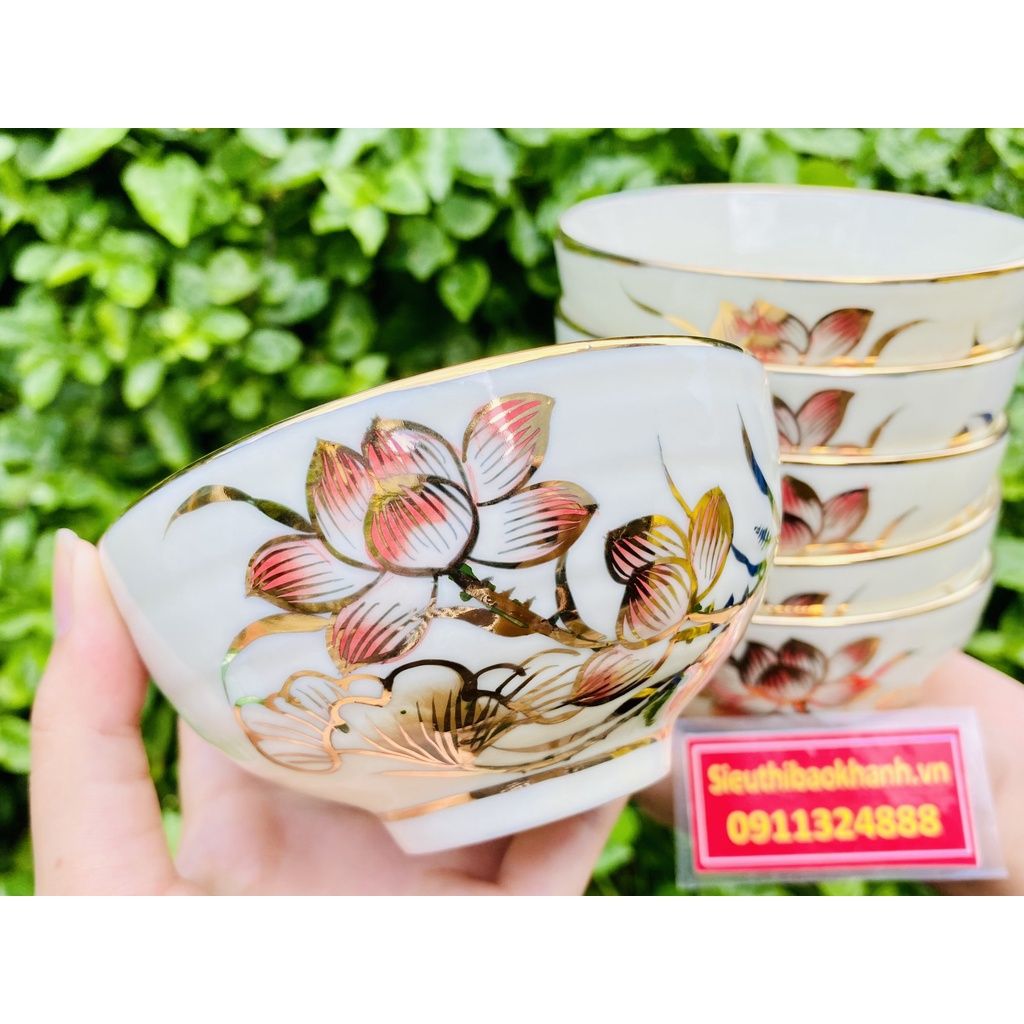 Nghệ thuật gốm sứ bộ bát ăn men kem sen hồng -Bảo Khánh