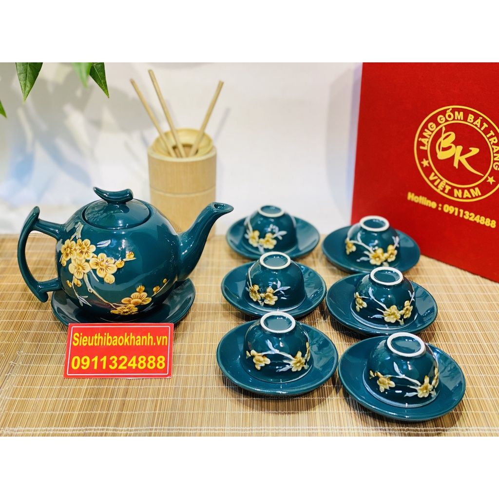 Bộ ấm trà(bộ tách trà) màu xanh Bát Tràng-Bảo Khánh Việt Nam 350ml