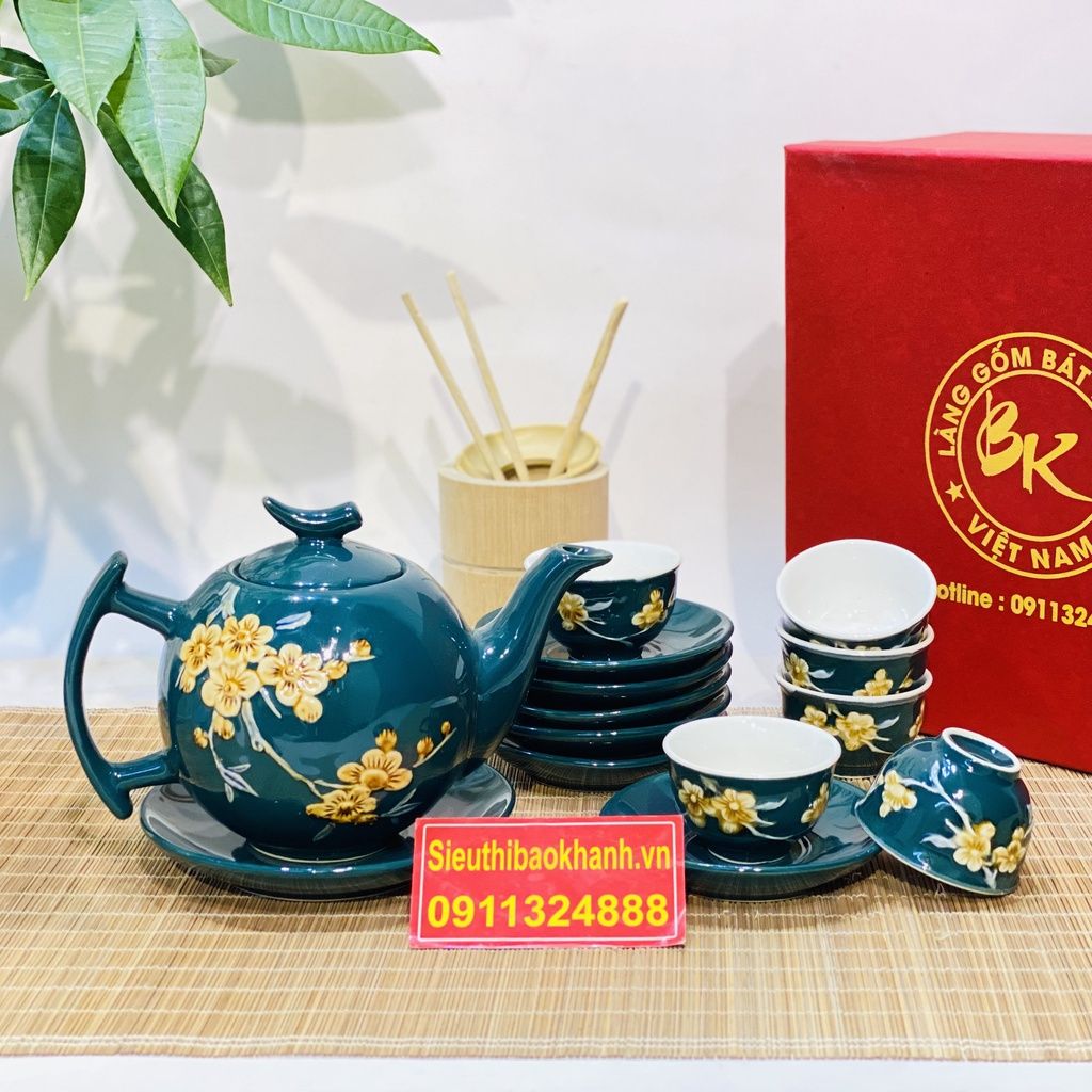 Bộ ấm trà(bộ tách trà) màu xanh Bát Tràng-Bảo Khánh Việt Nam 350ml