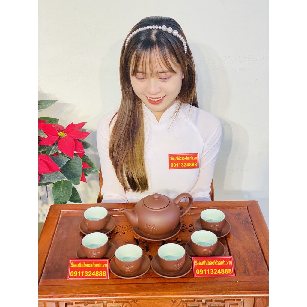 Bộ ấm chén tử sa lòng xanh họa tiết trơn xuất xứ Bát Tràng-Bảo Khánh Việt Nam 250ml