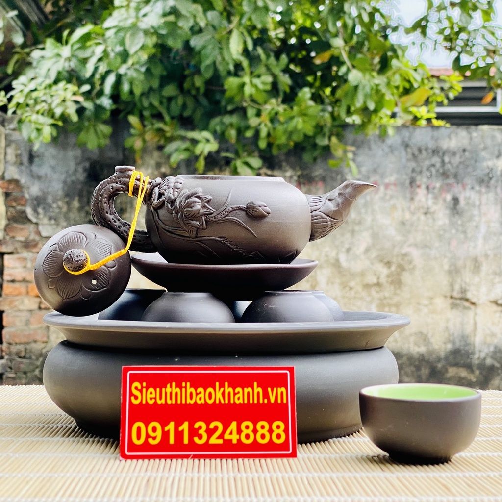 Ấm trà⚡️BÁT TRÀNG⚡️Bộ ấm chén tử sa đắp nổi họa tiết sen 350ml-Bát Tràng Bảo Khánh