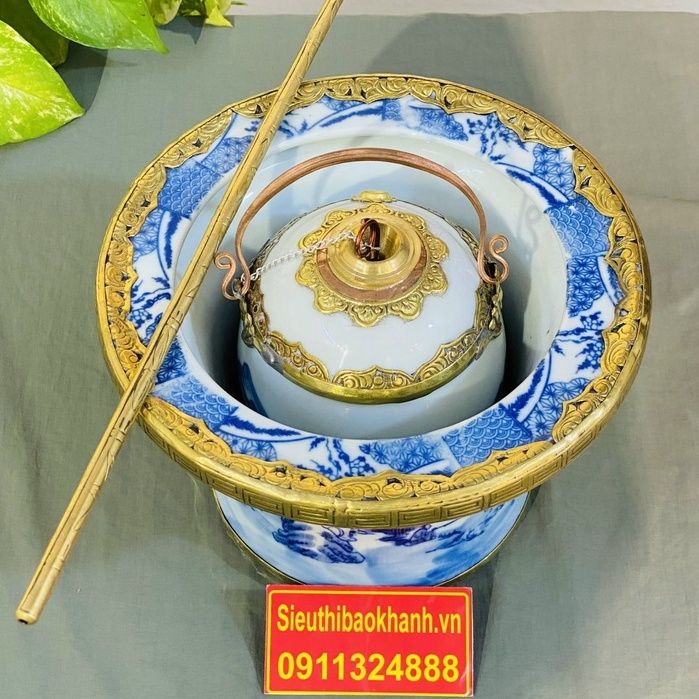 Điếu bát men lam dáng cao bọc đồng xuất xứ Bát Tràng