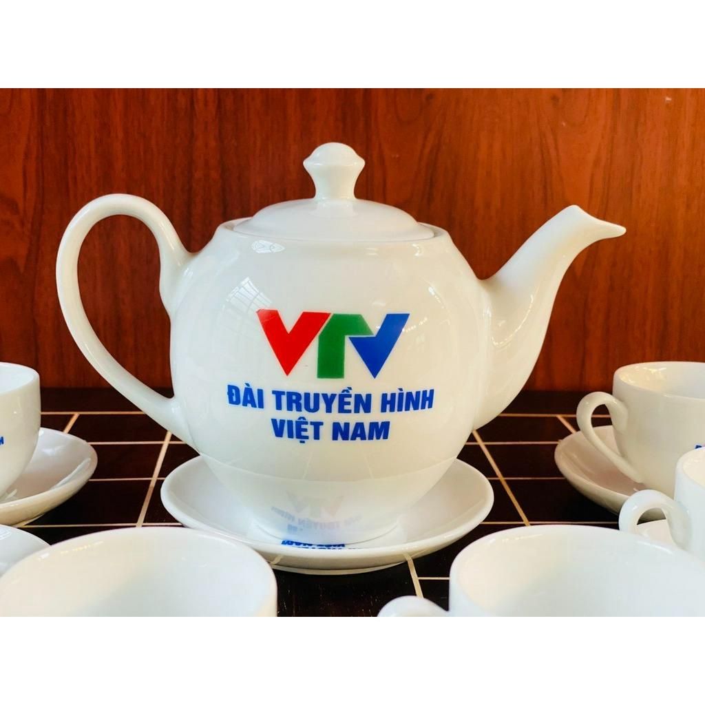 Bộ ấm chén men trắng Bát Tràng cao cấp in logo 350ml