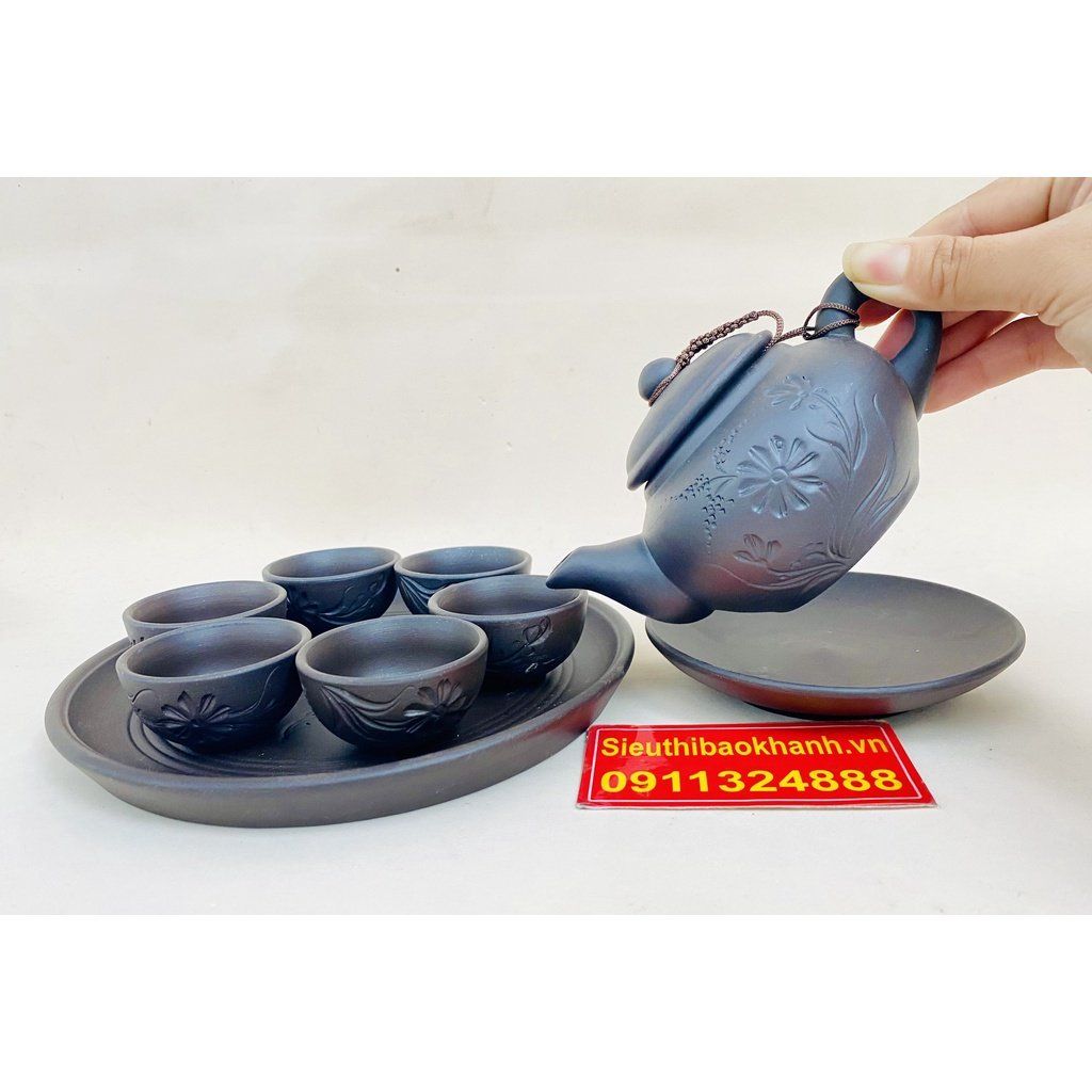 Bộ ấm chén Tử sa họa tiết Lan Mai in chìm Bát Tràng 350 ml