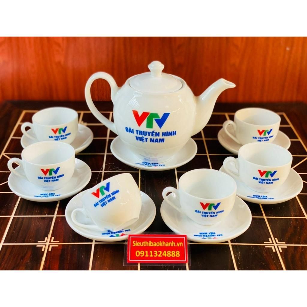 Bộ ấm chén men trắng Bát Tràng cao cấp in logo 350ml