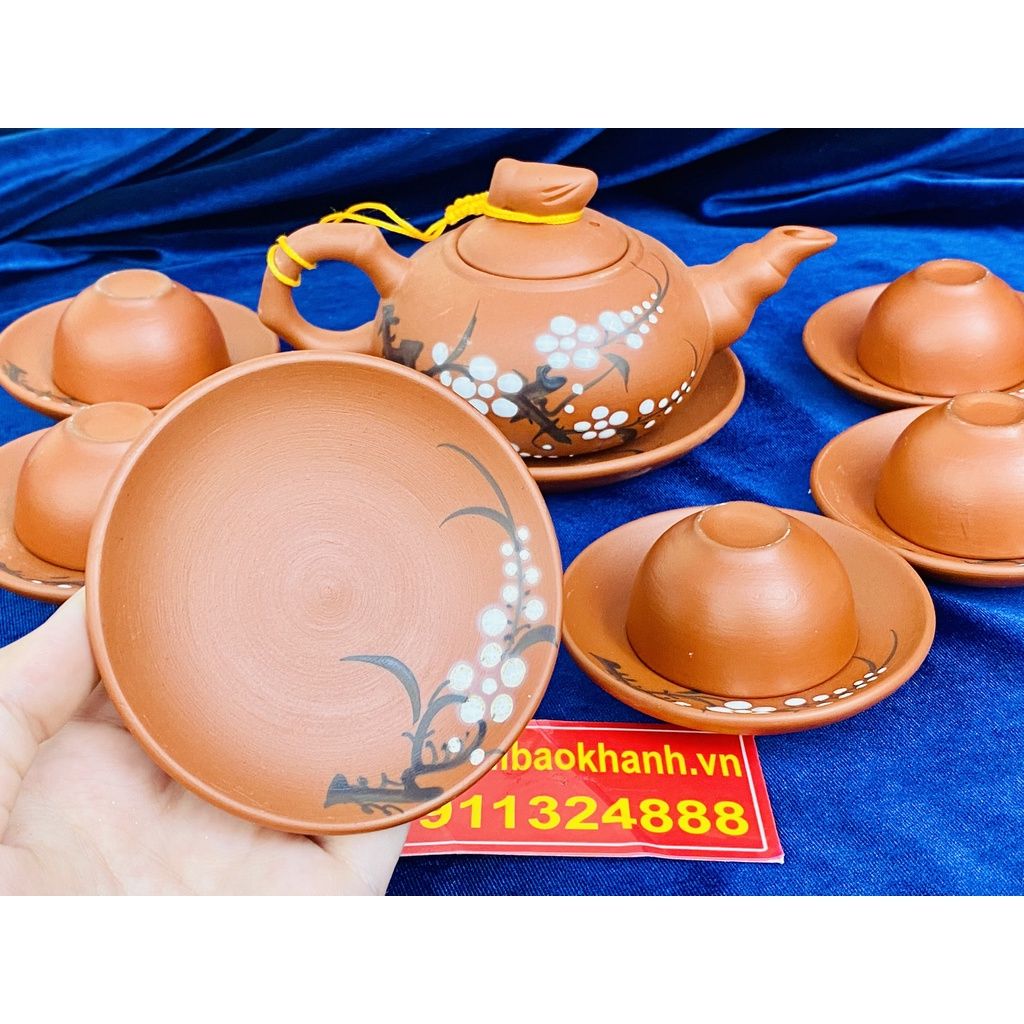 Bộ ấm trà Tử sa lòng xanh Bát Tràng họa tiết Hoa Mai 350ml