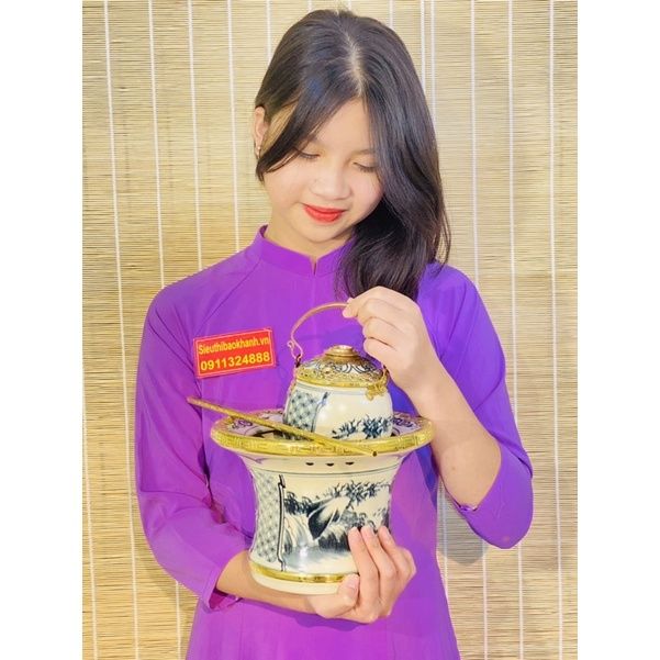 Bộ điếu bát giả cổ bọc đồng dáng ống loe cao cấp Bát Tràng BKCE-001900VN-1417