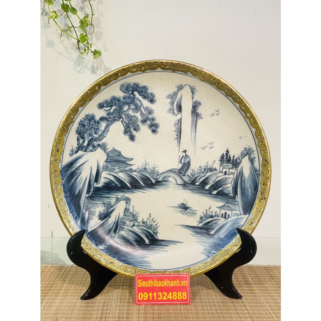 Đĩa Cảnh Men Rạn Bát Tràng Bọc Đồng - Đĩa Trang Trí 35cm-Bảo Khánh