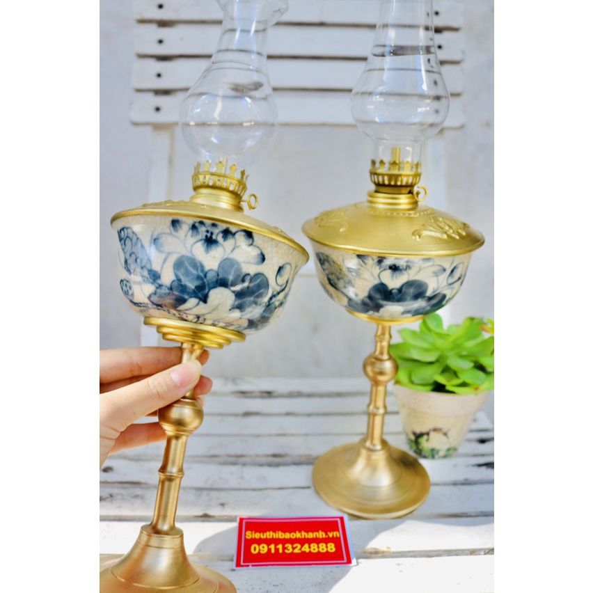 cặp đèn đầu đồng thân gốm xuất xứ Bát Tràng 25cm