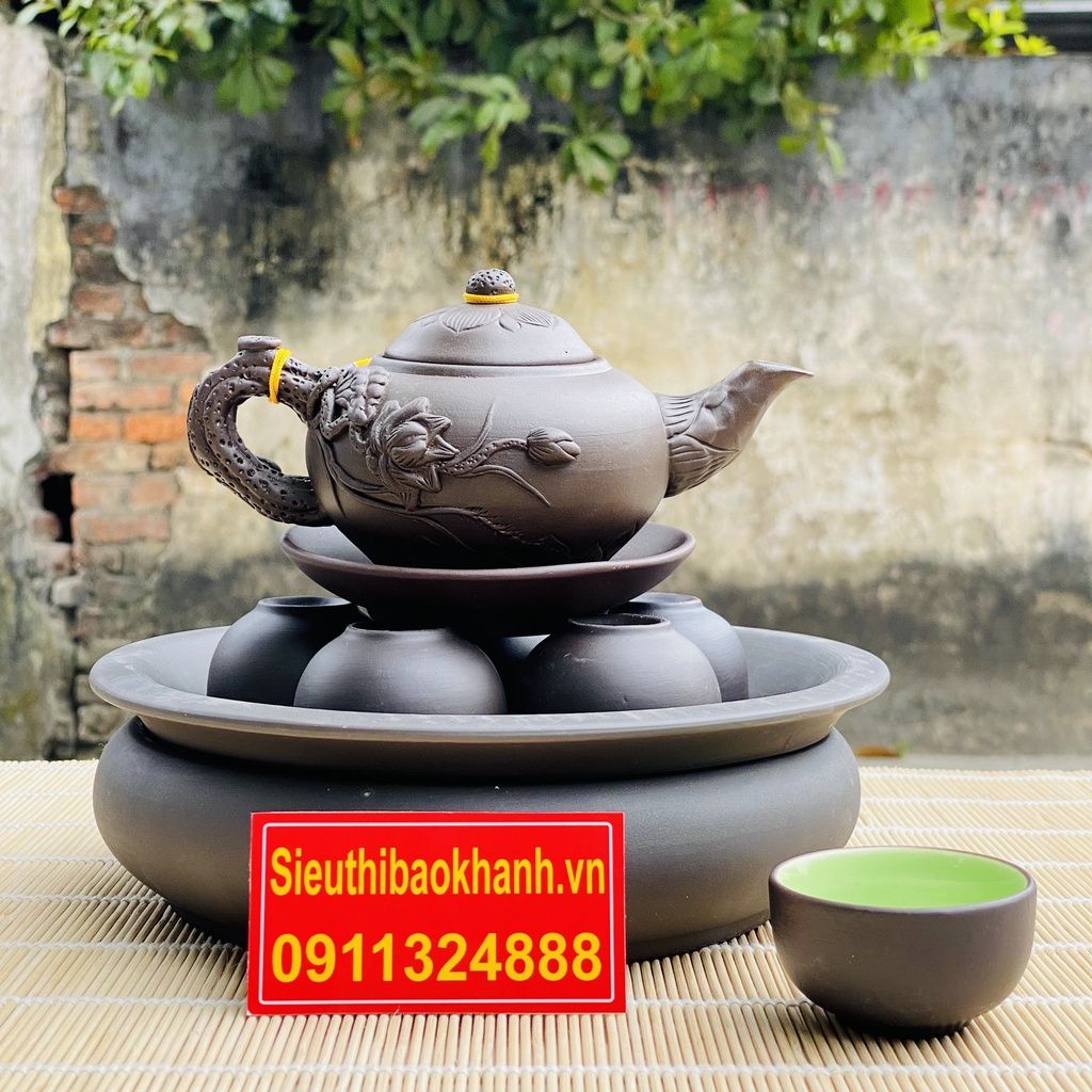 Ấm trà⚡️BÁT TRÀNG⚡️Bộ ấm chén tử sa đắp nổi họa tiết sen 350ml-Bát Tràng Bảo Khánh