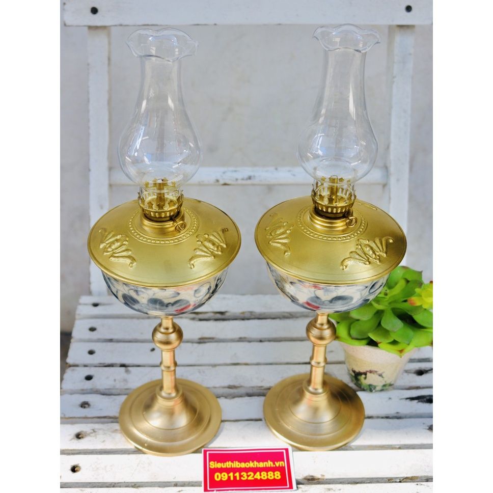 cặp đèn đầu đồng thân gốm xuất xứ Bát Tràng 25cm