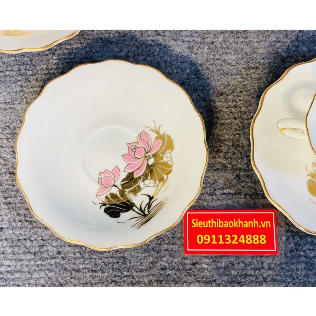 Bộ ấm chén men kem họa tiết hoa sen vẽ tay