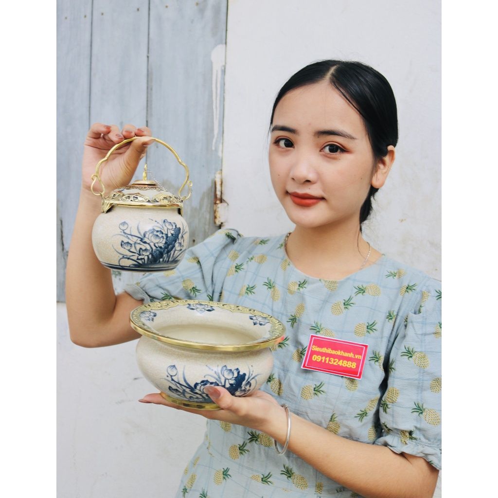 Bộ điếu bát men rạn Bát Tràng vẽ Hoa Sen cao cấp BKCE-001360VN-1415