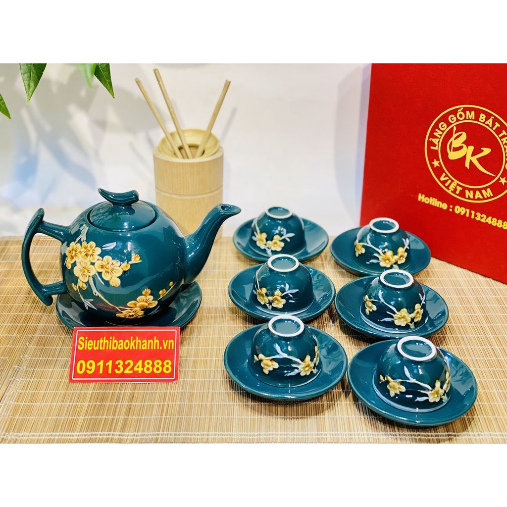 Bộ ấm trà(bộ tách trà) màu xanh Bát Tràng-Bảo Khánh Việt Nam 350ml