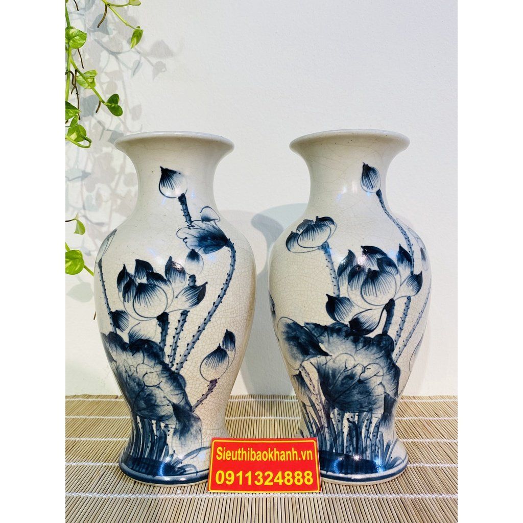 Đôi bình men rạn vẽ sen cao cấp xuất xứ Bát Tràng