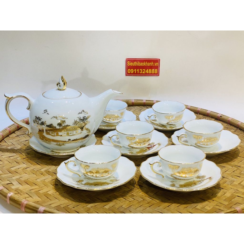 Bộ ấm chén men trắng vẽ vàng Bát