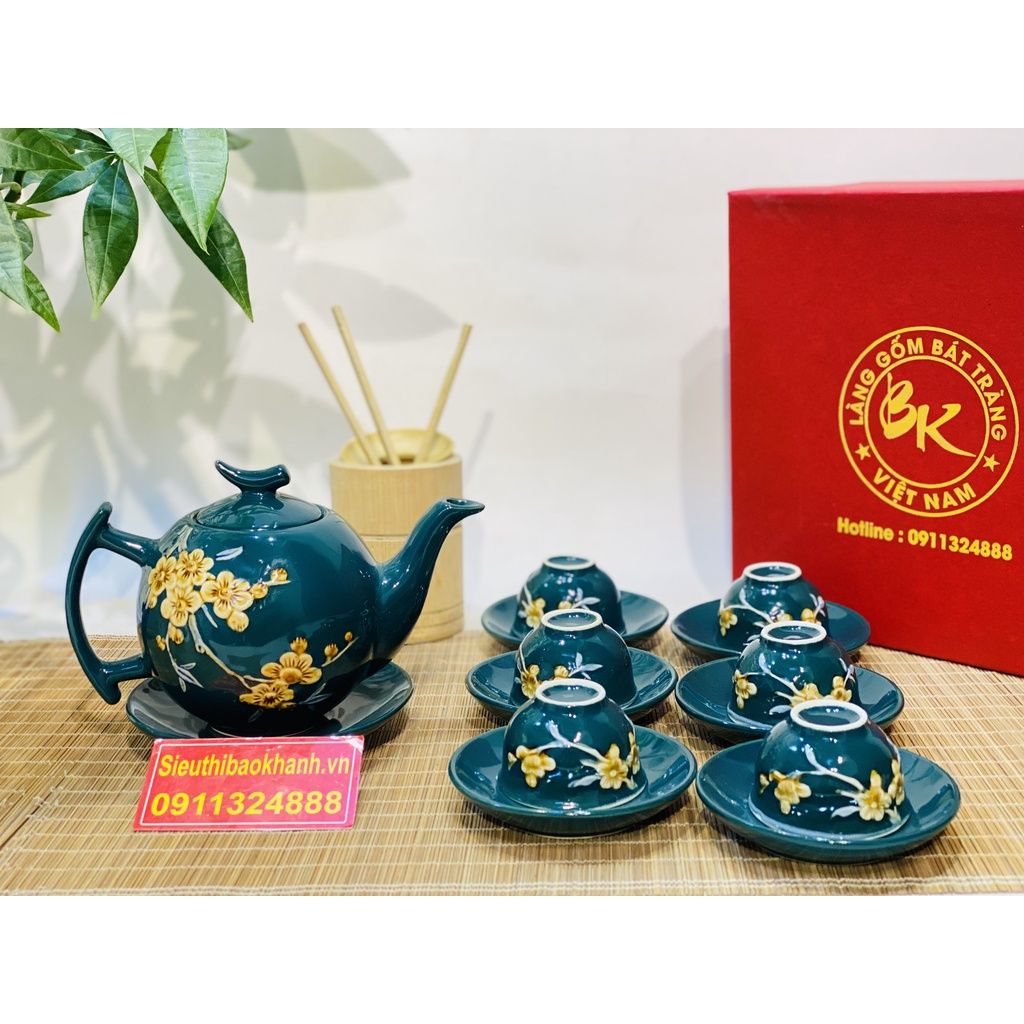 Bộ ấm trà(bộ tách trà) màu xanh Bát Tràng-Bảo Khánh Việt Nam 350ml
