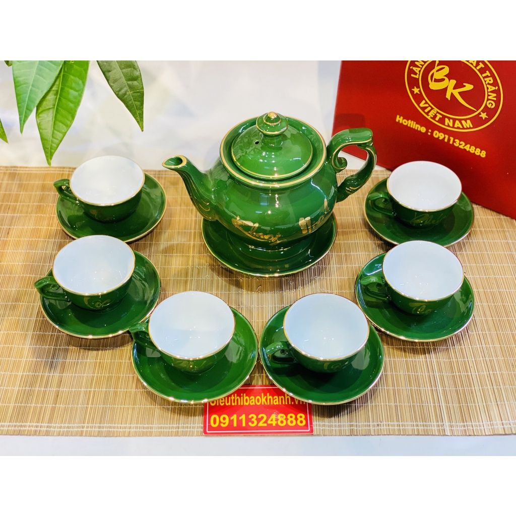 Bộ ấm chén màu xanh men ngọc họa tiết Phúc Lộc Thọ vẽ vàng Bát Tràng BKCEVN-8031