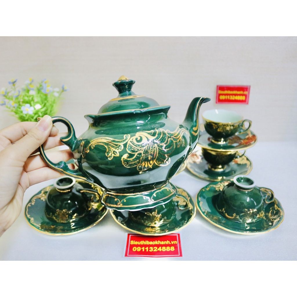 Bộ ấm men xanh vẽ vàng quà tặng xuất xứ Bát Tràng