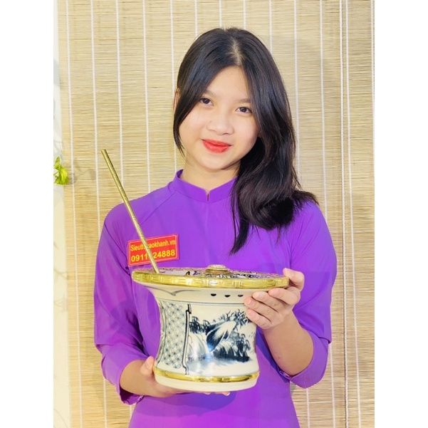 Bộ điếu bát giả cổ bọc đồng dáng ống loe cao cấp Bát Tràng BKCE-001900VN-1417