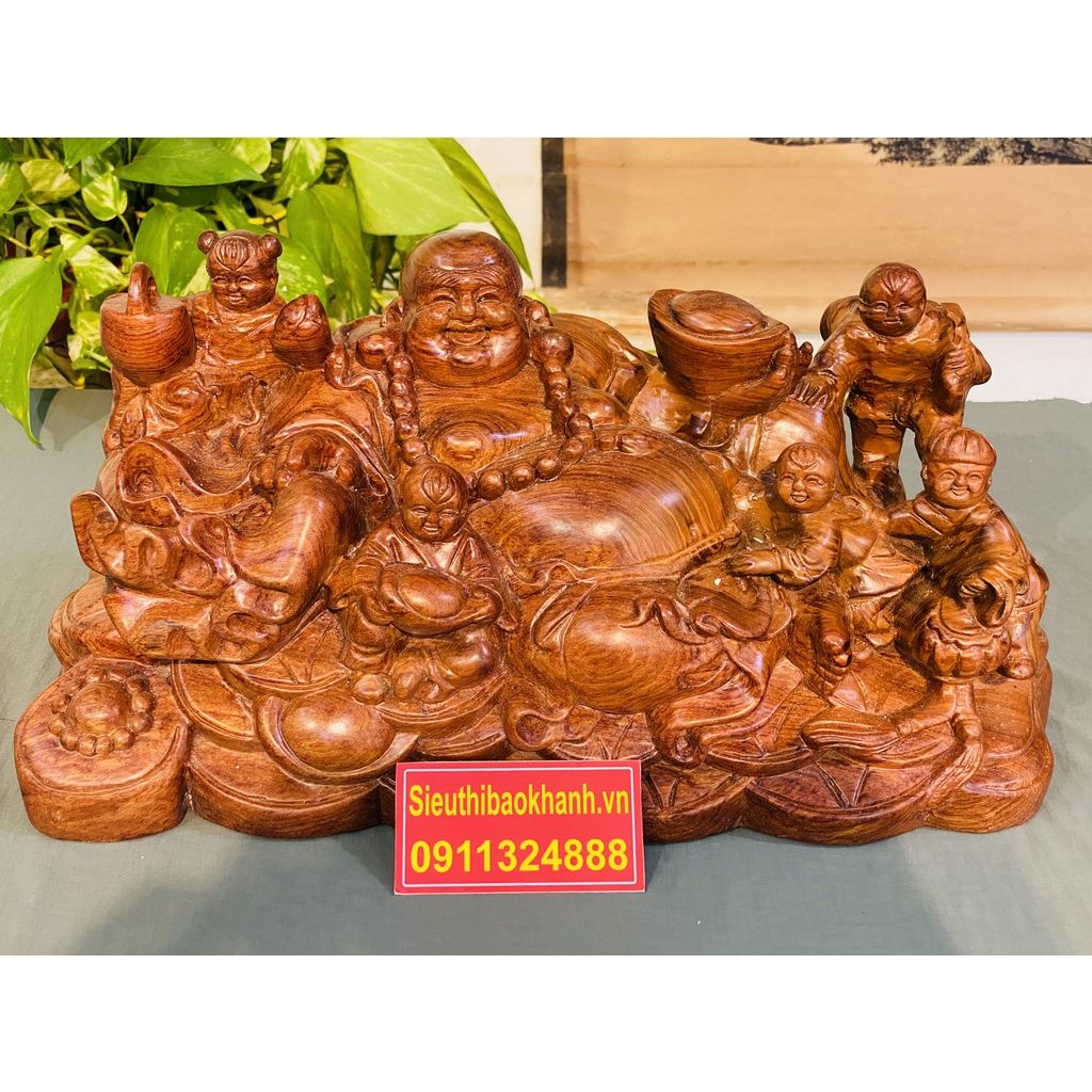 Tượng phật Di Lặc và đám trẻ nhỏ nô đùa chế tác từ gỗ hương cao cấp