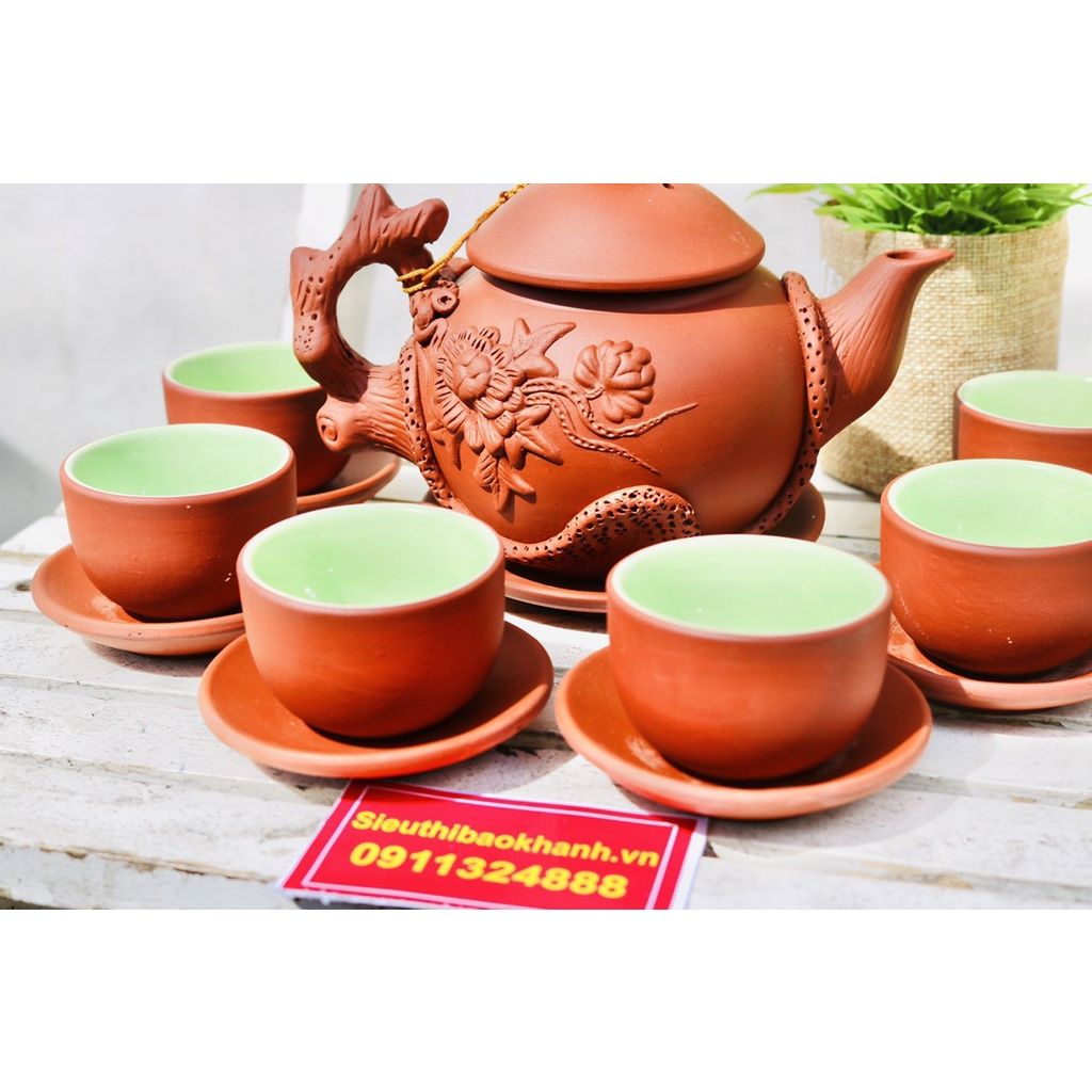 Bộ ấm chén tử sa lòng xanh đắp nổi xuất xứ Bát Tràng