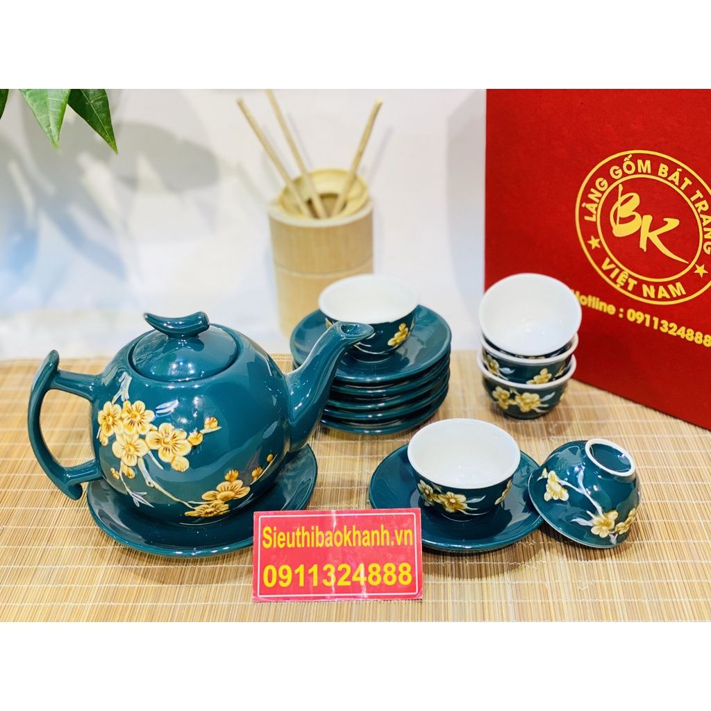 Bộ ấm trà(bộ tách trà) màu xanh Bát Tràng-Bảo Khánh Việt Nam 350ml