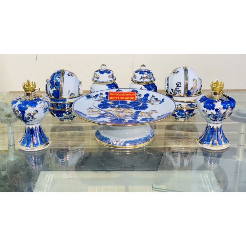 Set đồ thờ Bát Tràng men lam vẽ vàng