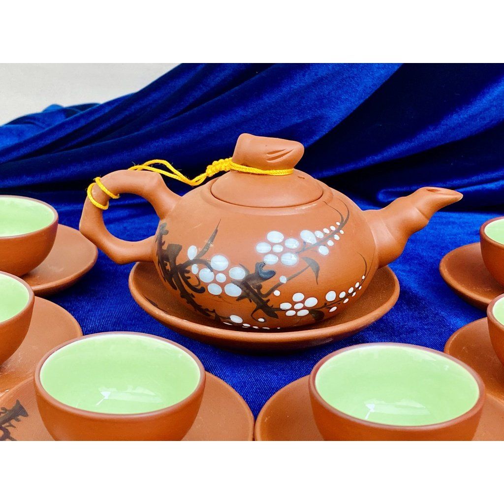 Bộ ấm trà Tử sa lòng xanh Bát Tràng họa tiết Hoa Mai 350ml