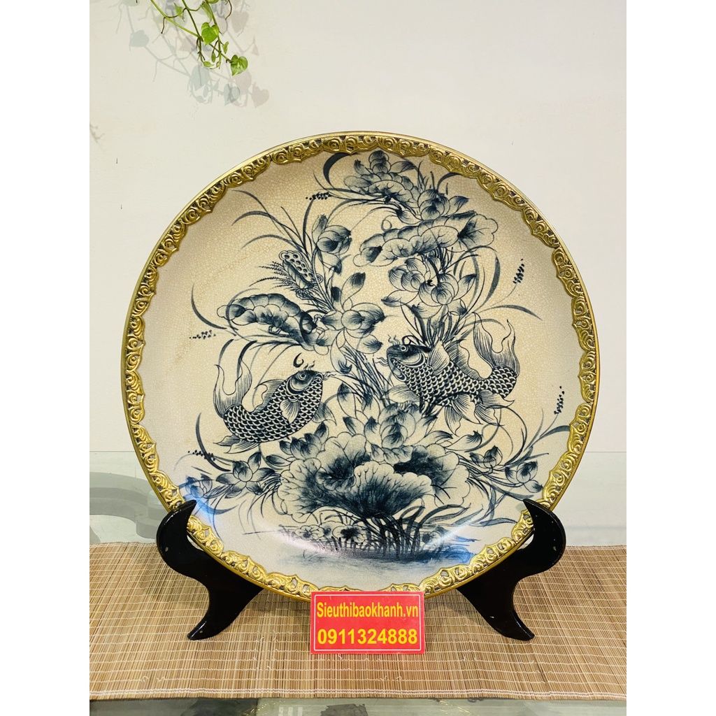 Đĩa Cảnh Men Rạn Bát Tràng Bọc Đồng Họa Tiết Song Ngư - Đĩa Trang Trí 35cm
